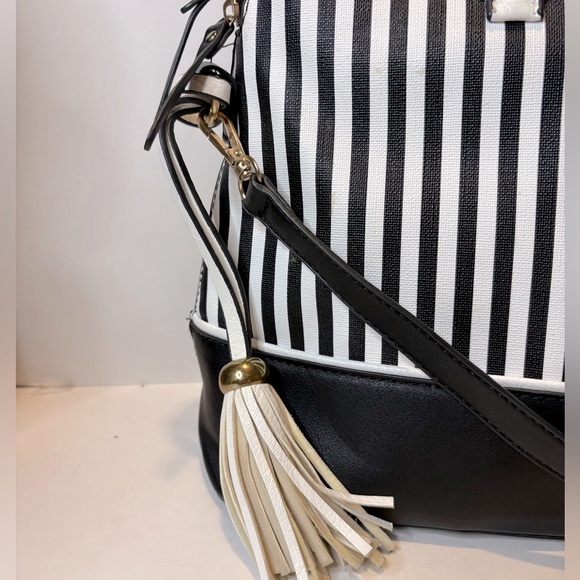 Black and White New Striped Handbag with Tassel - Picture 2 of 10